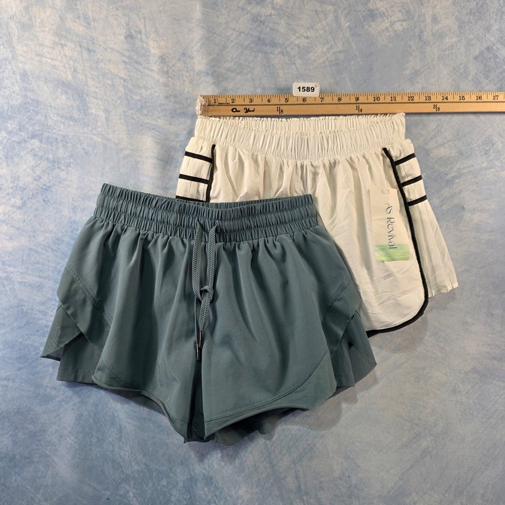 AS Revival Womens Athletic Shorts Lot 2 XS White‎ Pleated Teal Layered Running